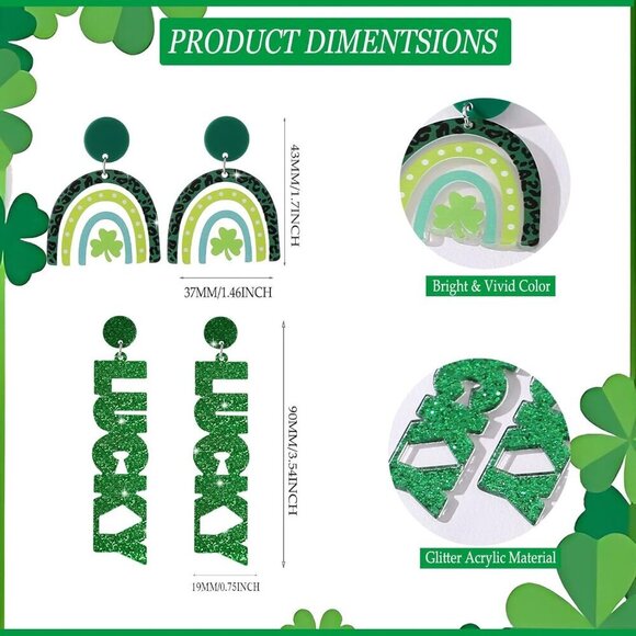 St Patrick's Day Earrings Set 9 Pairs Green Shamrock Clover Festive Dangle Jewel - Picture 7 of 8